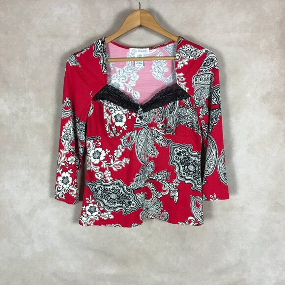 LINEA DONATELLA Red Paisley Lace Trim Pajama Shirt Size Medium - Picture 9 of 10